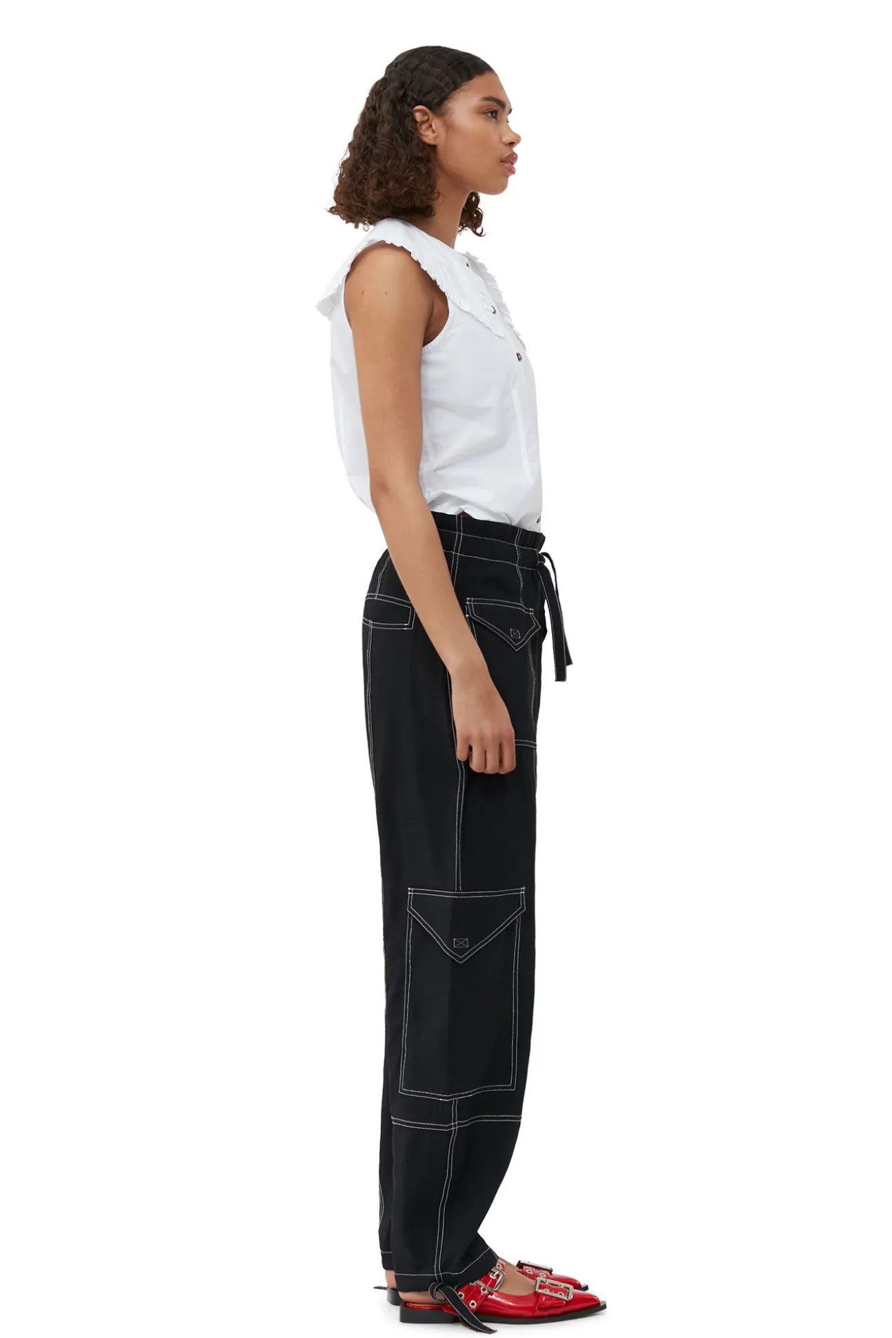 Discount GANNI Armelloses Ruschenkragenhemd Aus Cotton Poplin Bright White