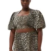 Fashion GANNI Bedruckte Crop-Bluse Mit Reisverschluss Big Leopard Almond Milk