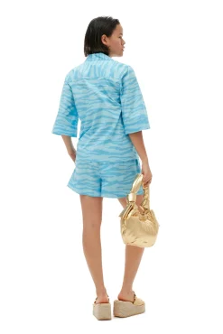 New GANNI Bedruckte Elastische Cotton-Shorts Ethereal Blue