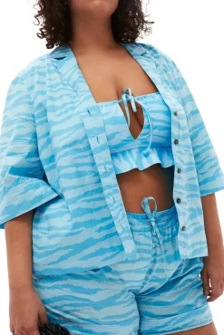 New GANNI Bedruckte Elastische Cotton-Shorts Ethereal Blue