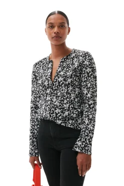 Best GANNI Bedruckte Krepp-Bluse Mit O-Ausschnitt Black