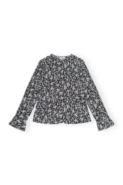 Best GANNI Bedruckte Krepp-Bluse Mit O-Ausschnitt Black