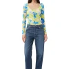 Discount GANNI Bedruckte Mesh-U-Ausschnitt-Ruschenbluse Strong Blue