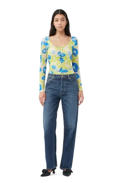 Discount GANNI Bedruckte Mesh-U-Ausschnitt-Ruschenbluse Strong Blue