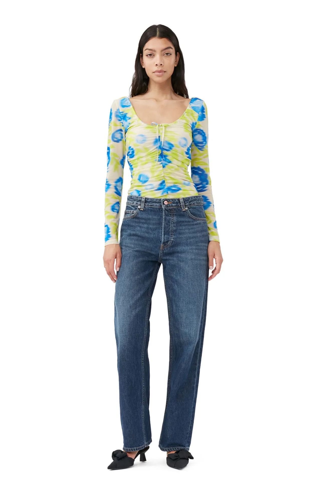 Discount GANNI Bedruckte Mesh-U-Ausschnitt-Ruschenbluse Strong Blue