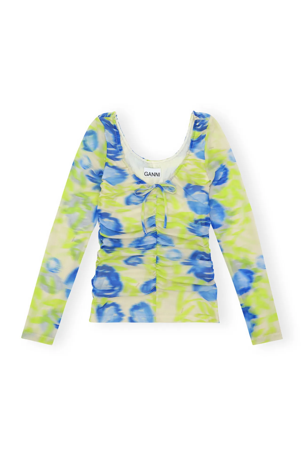 Discount GANNI Bedruckte Mesh-U-Ausschnitt-Ruschenbluse Strong Blue