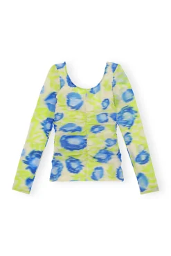 Discount GANNI Bedruckte Mesh-U-Ausschnitt-Ruschenbluse Strong Blue