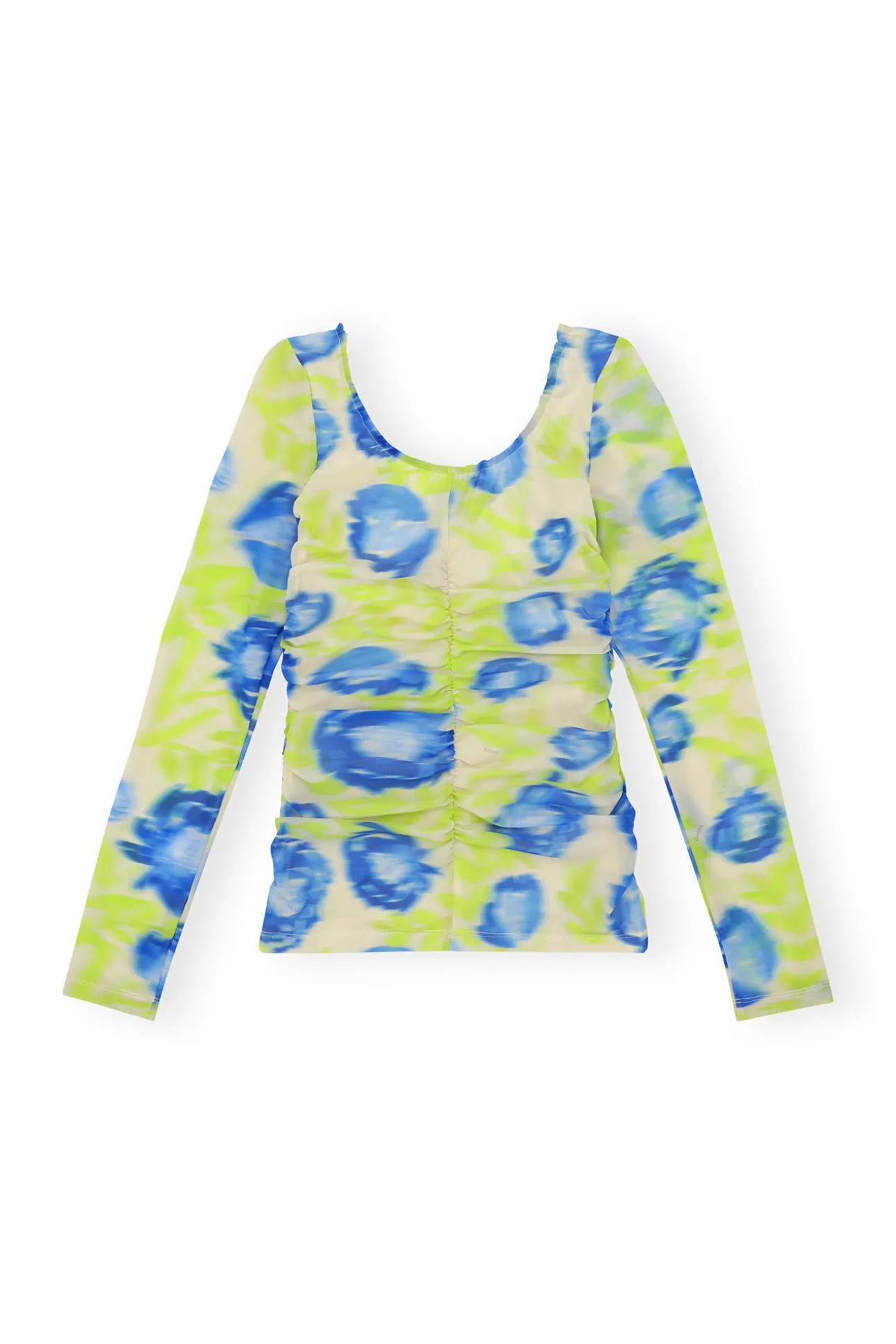 Discount GANNI Bedruckte Mesh-U-Ausschnitt-Ruschenbluse Strong Blue