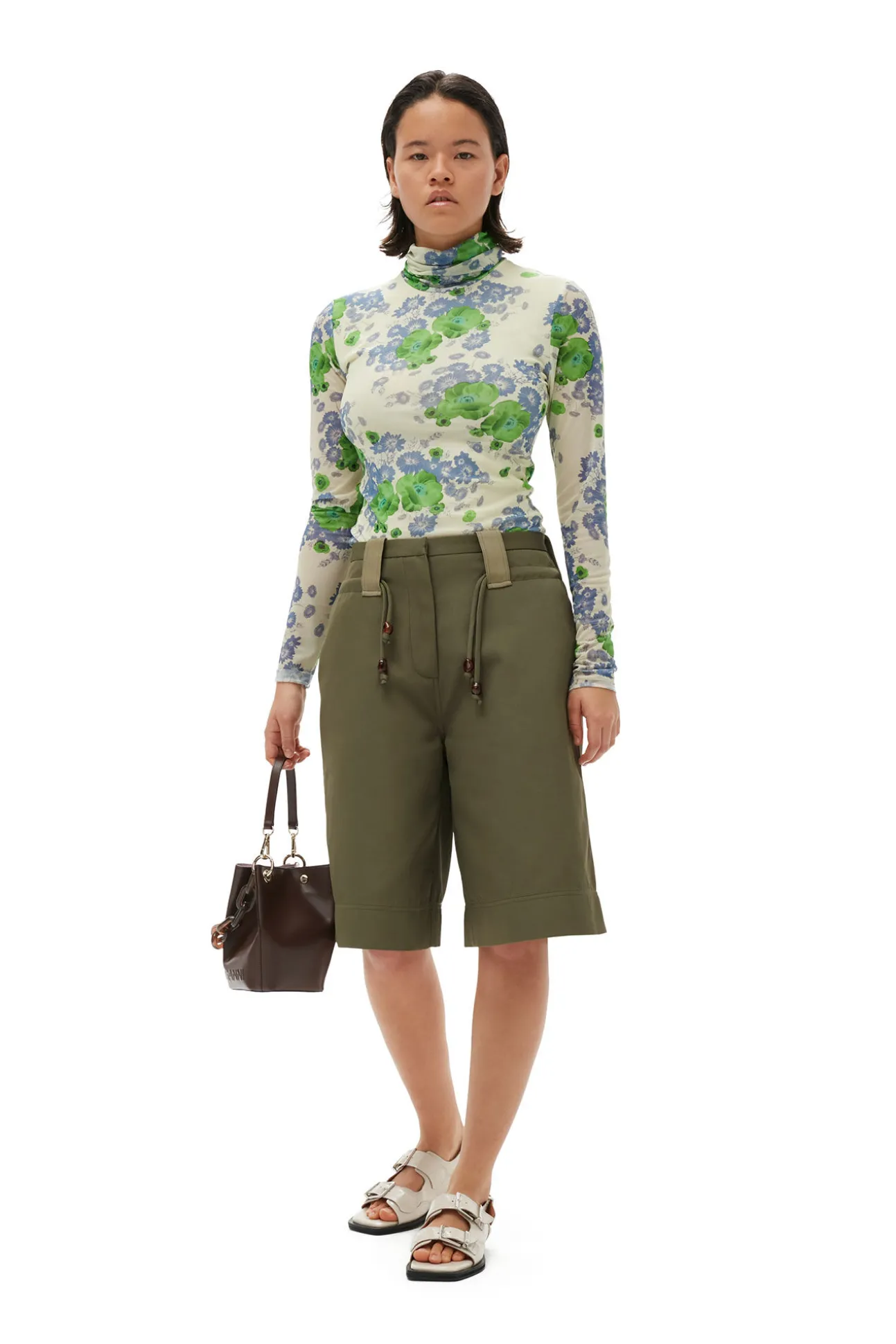 Sale GANNI Bedruckter Langarm-Rollkragenpullover Aus Mesh Egret