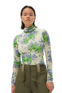 Sale GANNI Bedruckter Langarm-Rollkragenpullover Aus Mesh Egret