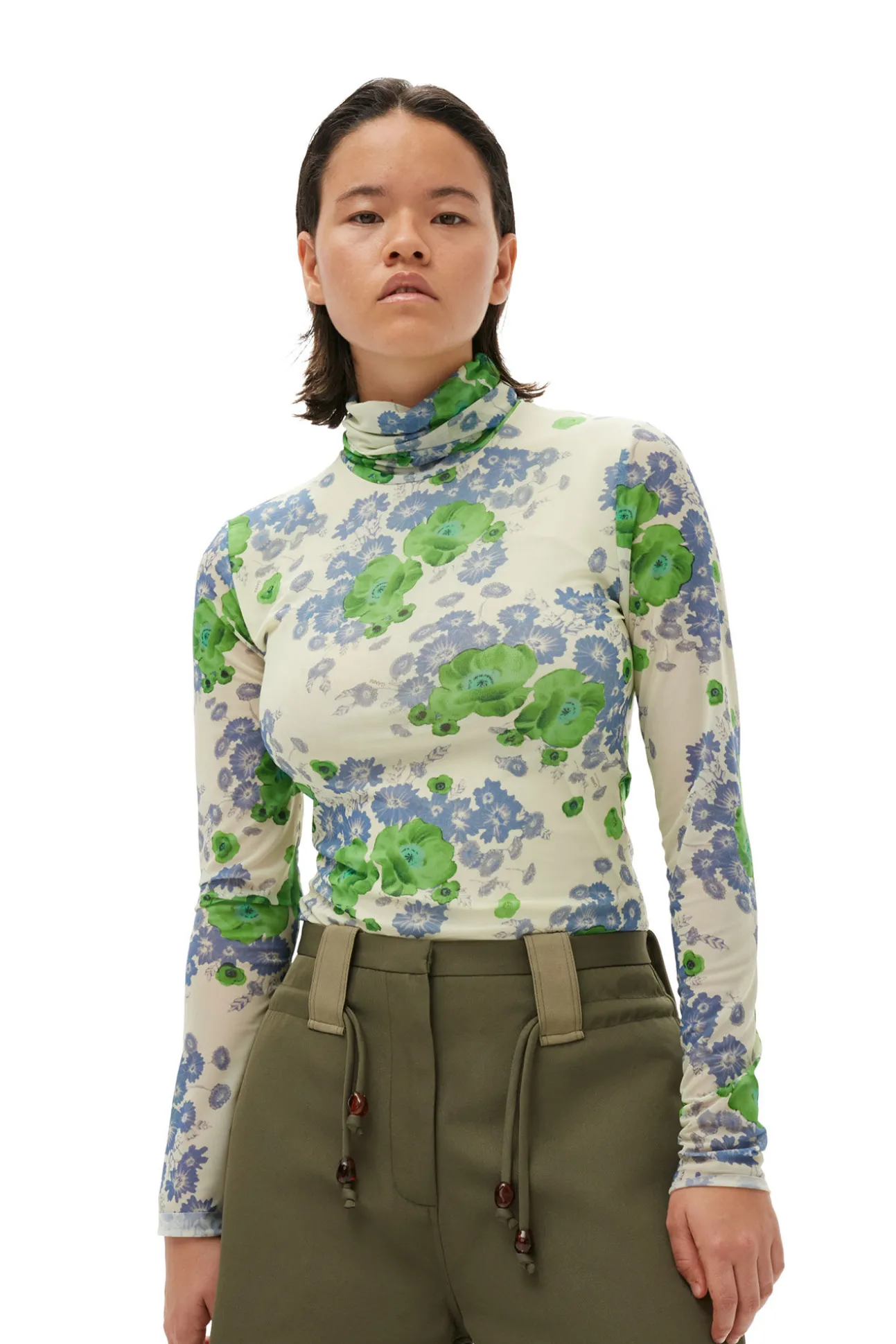 Sale GANNI Bedruckter Langarm-Rollkragenpullover Aus Mesh Egret