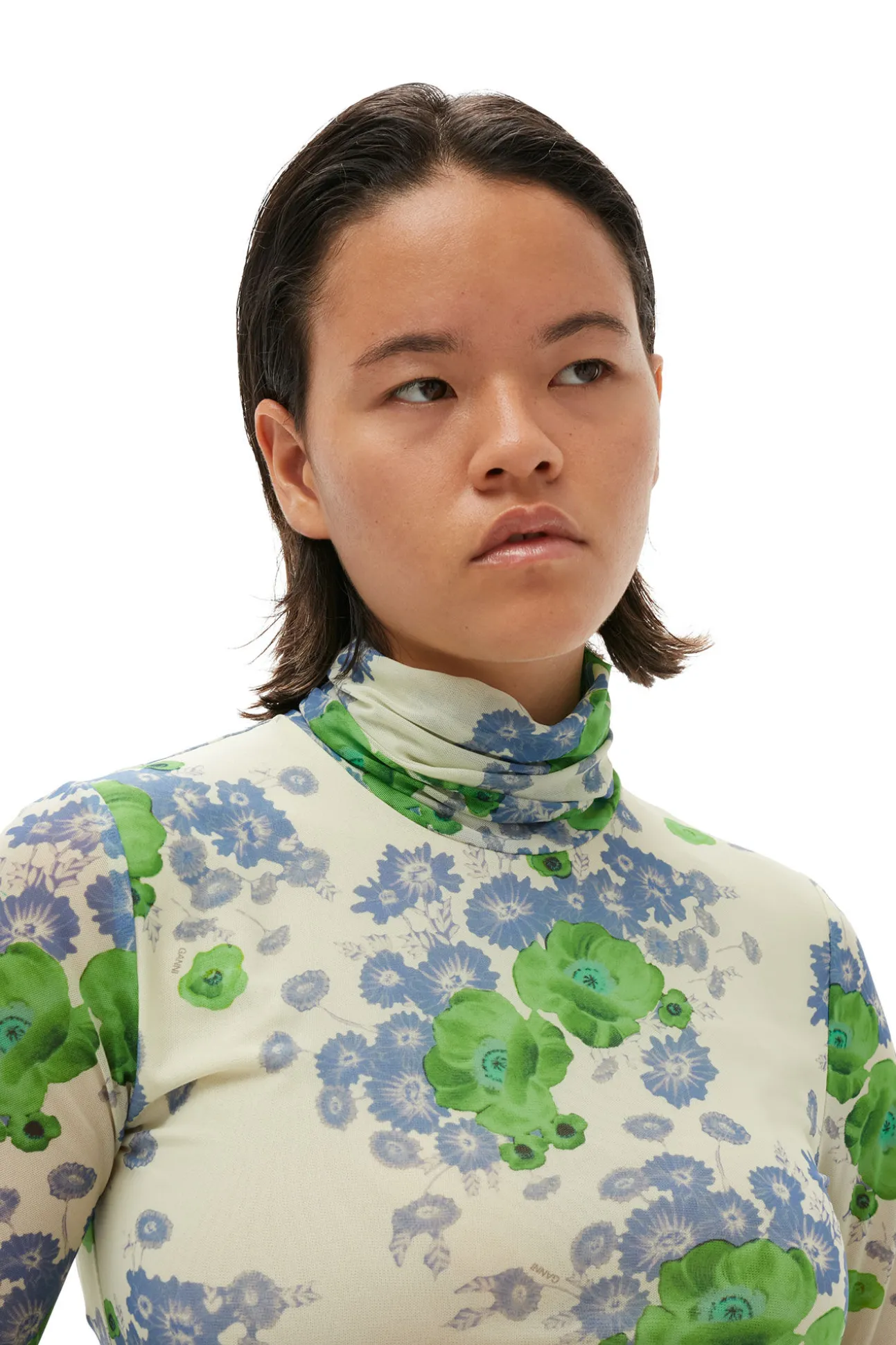 Sale GANNI Bedruckter Langarm-Rollkragenpullover Aus Mesh Egret
