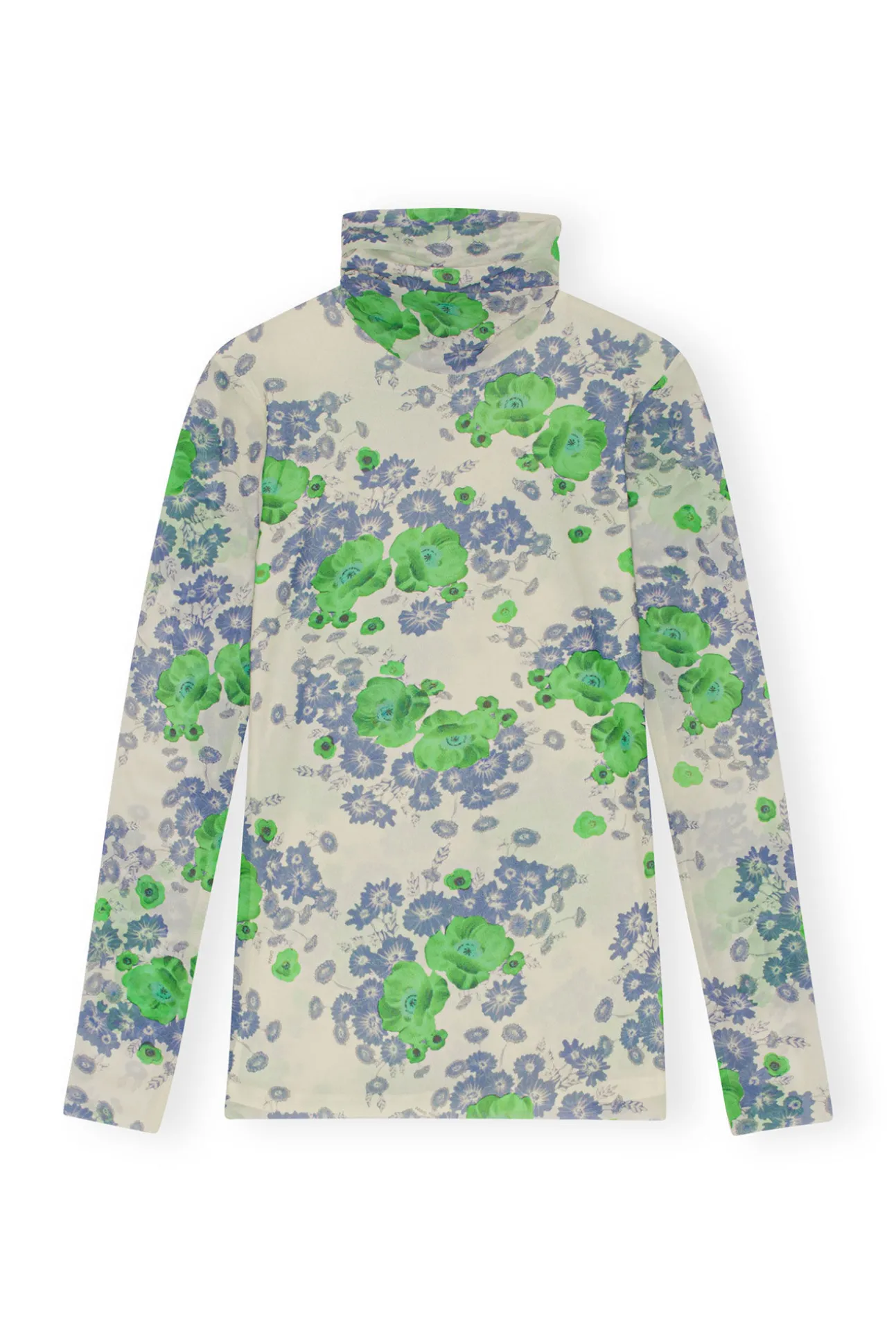 Sale GANNI Bedruckter Langarm-Rollkragenpullover Aus Mesh Egret