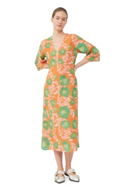Sale GANNI Bedrucktes Crepe-Kleid Mit V-Ausschnitt Vibrant Orange