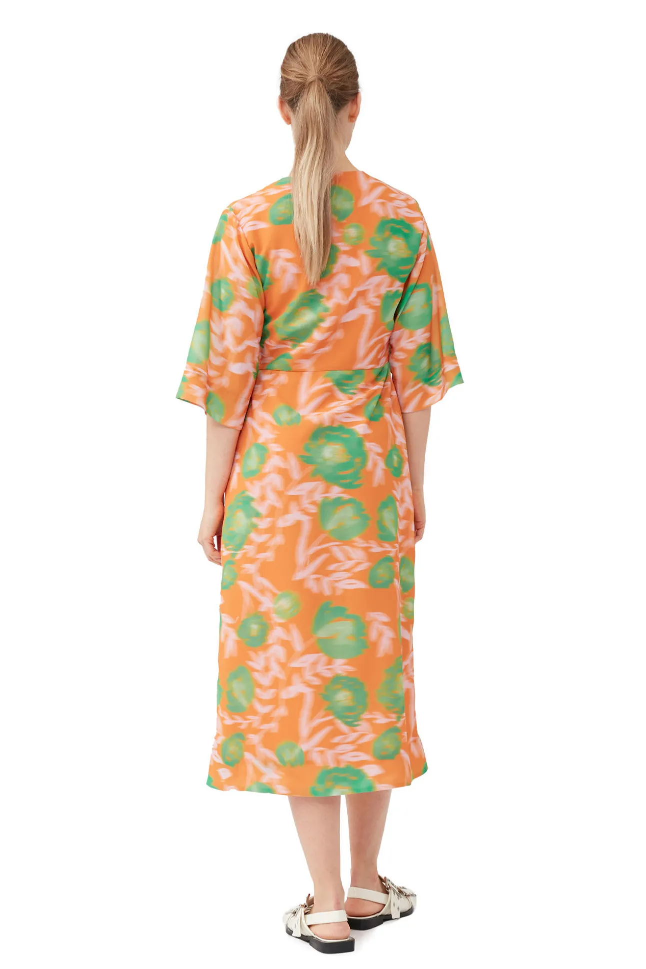 Sale GANNI Bedrucktes Crepe-Kleid Mit V-Ausschnitt Vibrant Orange