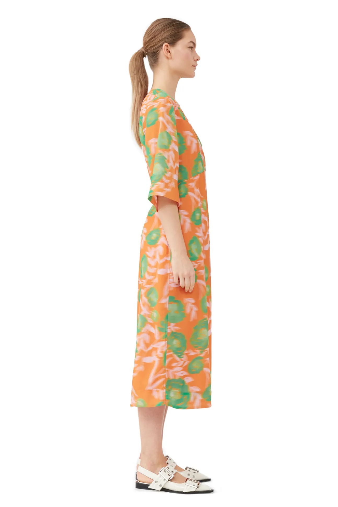 Sale GANNI Bedrucktes Crepe-Kleid Mit V-Ausschnitt Vibrant Orange
