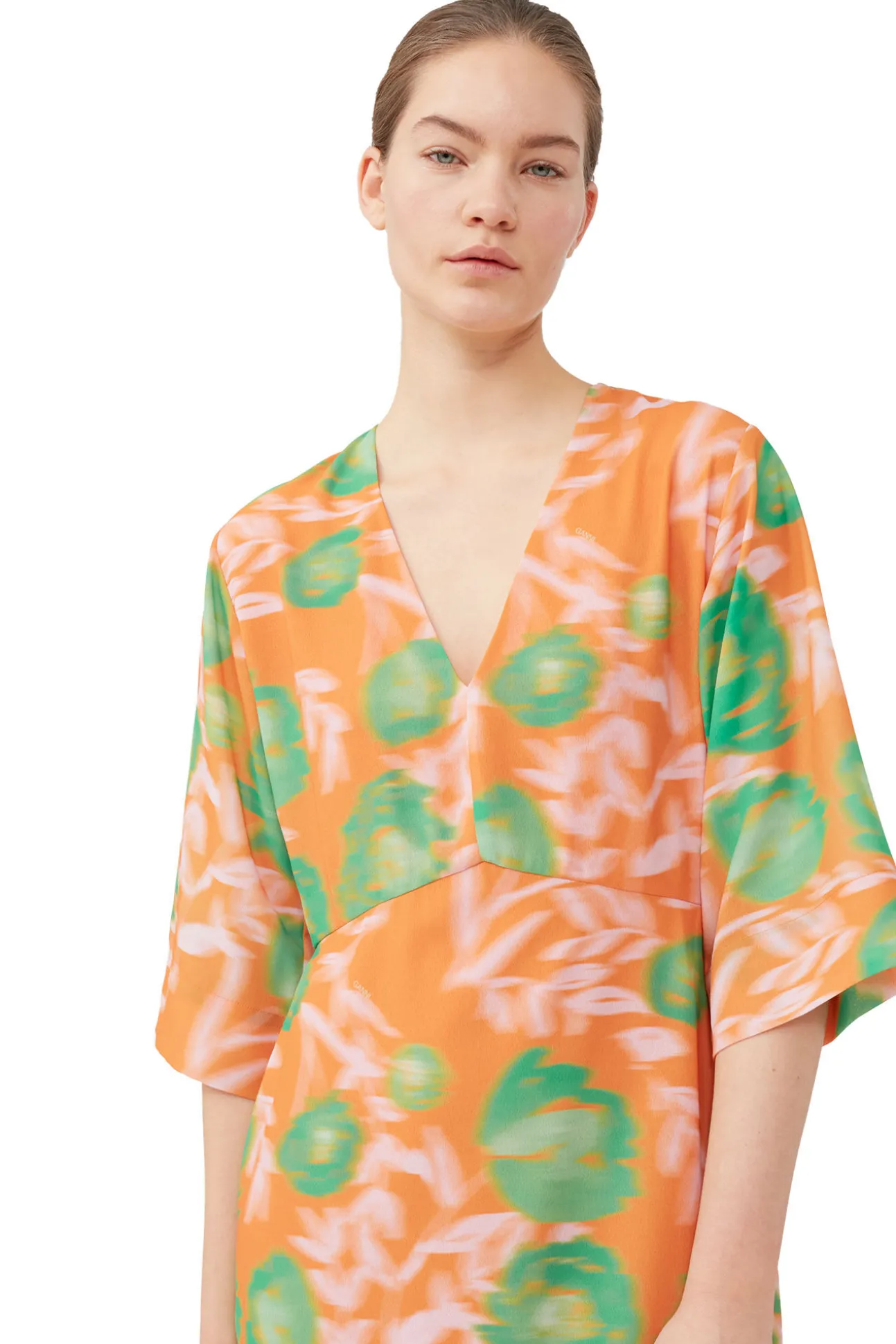 Sale GANNI Bedrucktes Crepe-Kleid Mit V-Ausschnitt Vibrant Orange