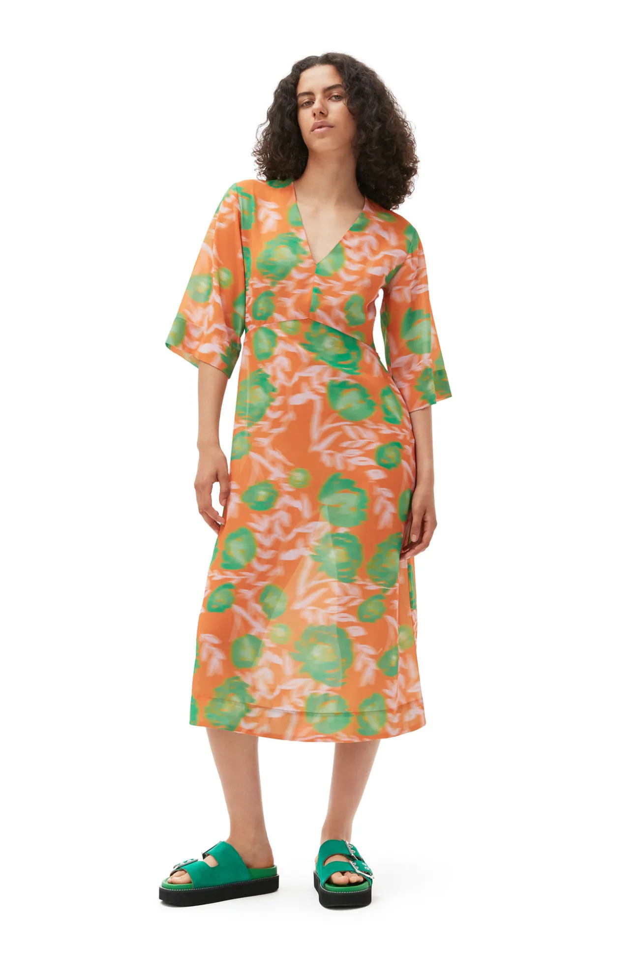 Sale GANNI Bedrucktes Crepe-Kleid Mit V-Ausschnitt Vibrant Orange