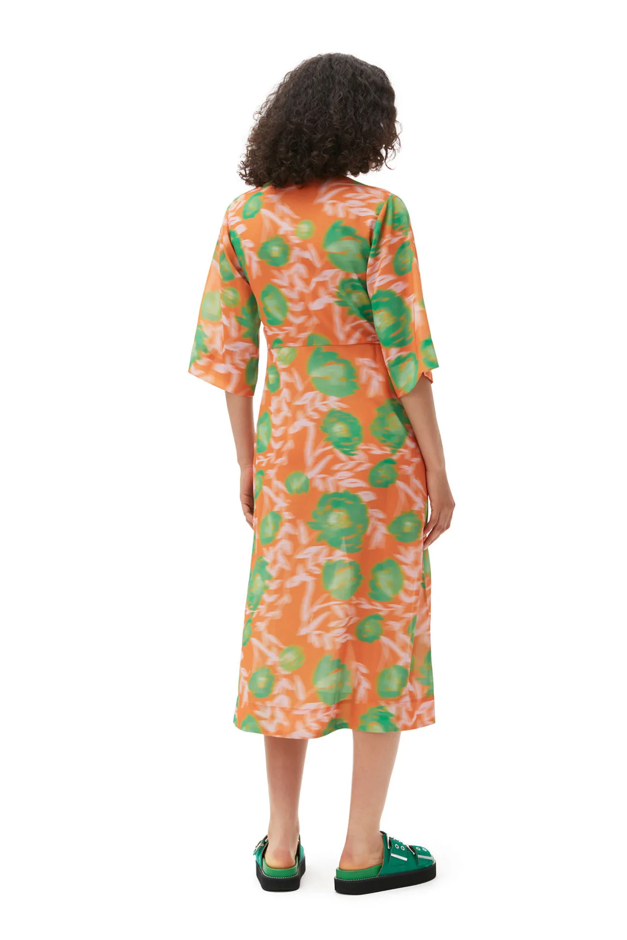 Sale GANNI Bedrucktes Crepe-Kleid Mit V-Ausschnitt Vibrant Orange