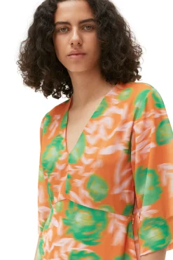 Sale GANNI Bedrucktes Crepe-Kleid Mit V-Ausschnitt Vibrant Orange