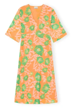 Sale GANNI Bedrucktes Crepe-Kleid Mit V-Ausschnitt Vibrant Orange