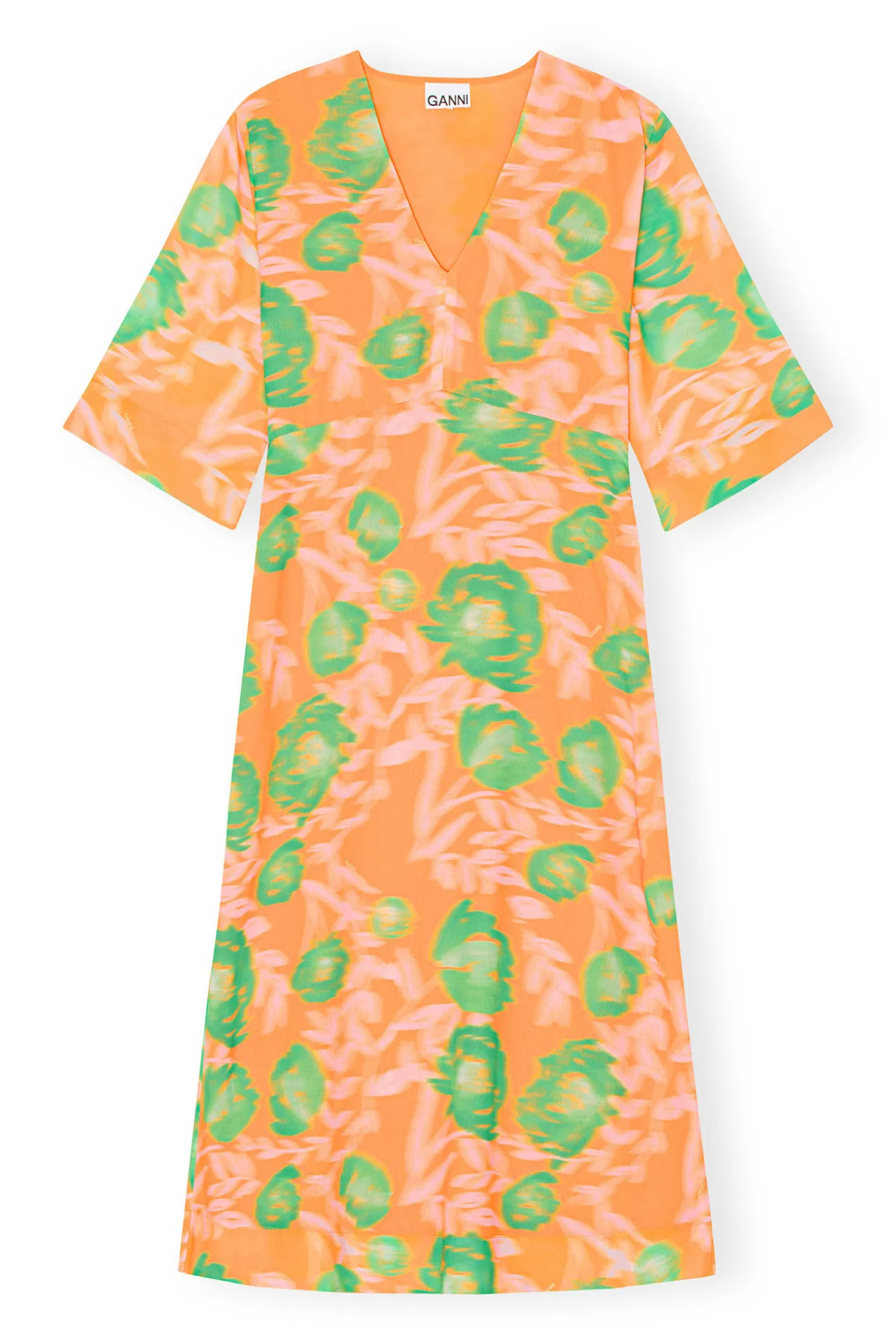 Sale GANNI Bedrucktes Crepe-Kleid Mit V-Ausschnitt Vibrant Orange