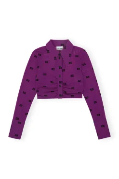 Best Sale GANNI Bedrucktes Crop-Shirt Aus Mesh Mit Ruschen Sparkling Grape