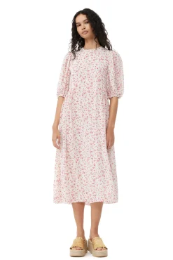 New GANNI Bedrucktes Georgette-Midikleid Mit Puffarmeln Egret