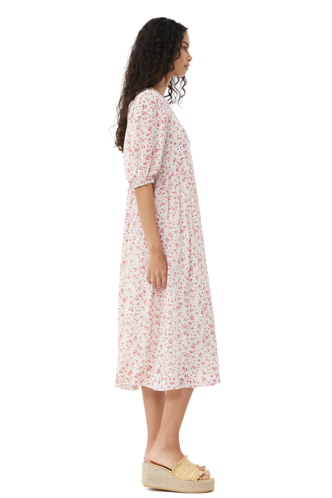 New GANNI Bedrucktes Georgette-Midikleid Mit Puffarmeln Egret