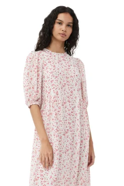 New GANNI Bedrucktes Georgette-Midikleid Mit Puffarmeln Egret