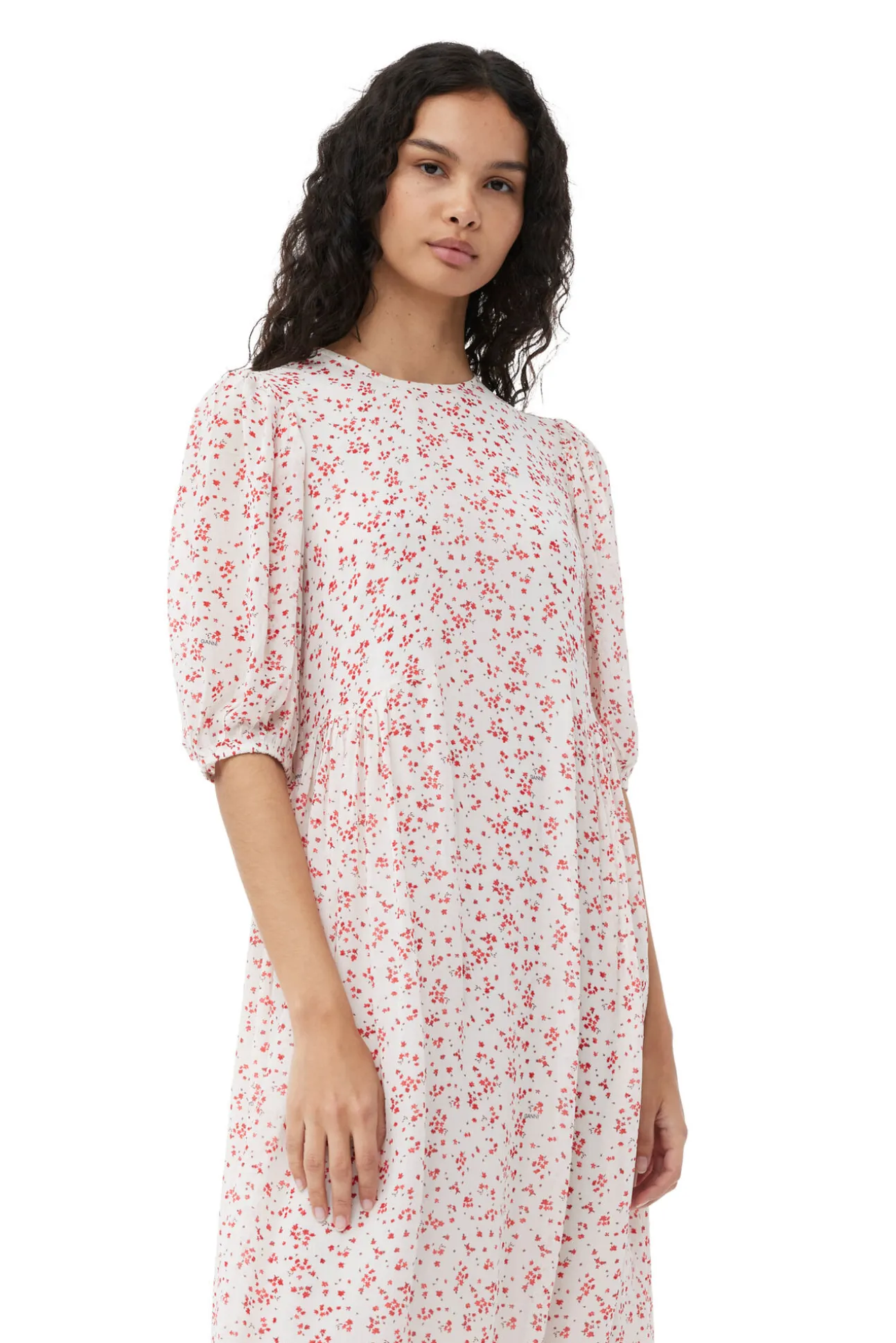 New GANNI Bedrucktes Georgette-Midikleid Mit Puffarmeln Egret