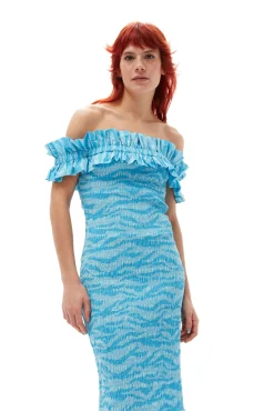 Cheap GANNI Bedrucktes, Gesmoktes Off-Shoulder-Midikleid Aus Cotton Ethereal Blue