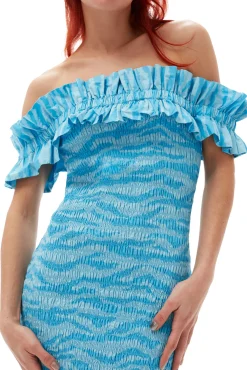 Cheap GANNI Bedrucktes, Gesmoktes Off-Shoulder-Midikleid Aus Cotton Ethereal Blue