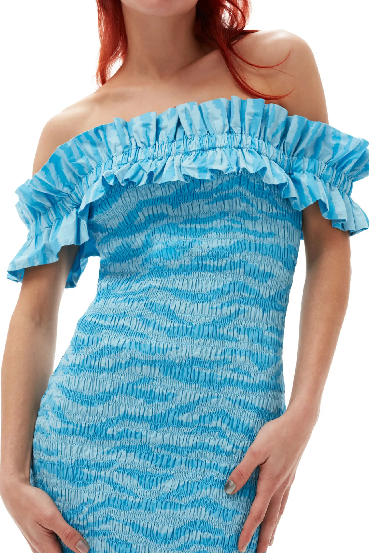 Cheap GANNI Bedrucktes, Gesmoktes Off-Shoulder-Midikleid Aus Cotton Ethereal Blue