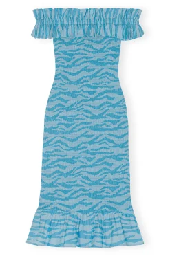 Cheap GANNI Bedrucktes, Gesmoktes Off-Shoulder-Midikleid Aus Cotton Ethereal Blue