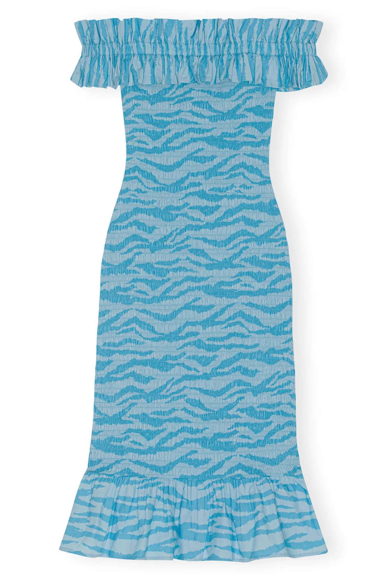 Cheap GANNI Bedrucktes, Gesmoktes Off-Shoulder-Midikleid Aus Cotton Ethereal Blue