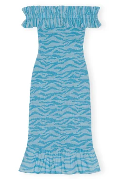 Cheap GANNI Bedrucktes, Gesmoktes Off-Shoulder-Midikleid Aus Cotton Ethereal Blue