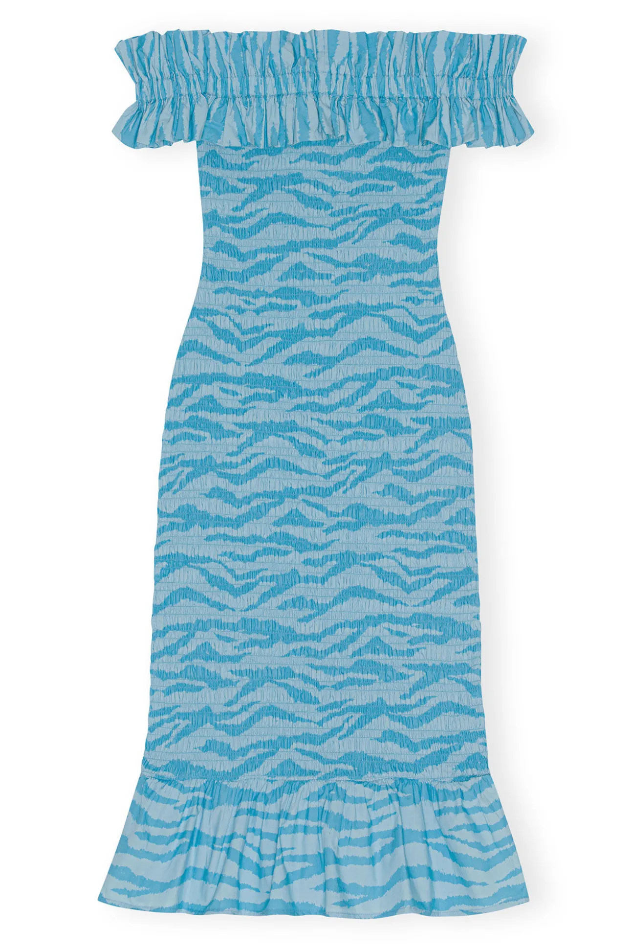 Cheap GANNI Bedrucktes, Gesmoktes Off-Shoulder-Midikleid Aus Cotton Ethereal Blue