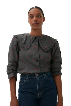 Best Sale GANNI Bedrucktes Hemd Mit Ruschenkragen Aus Cotton Volcanic Ash