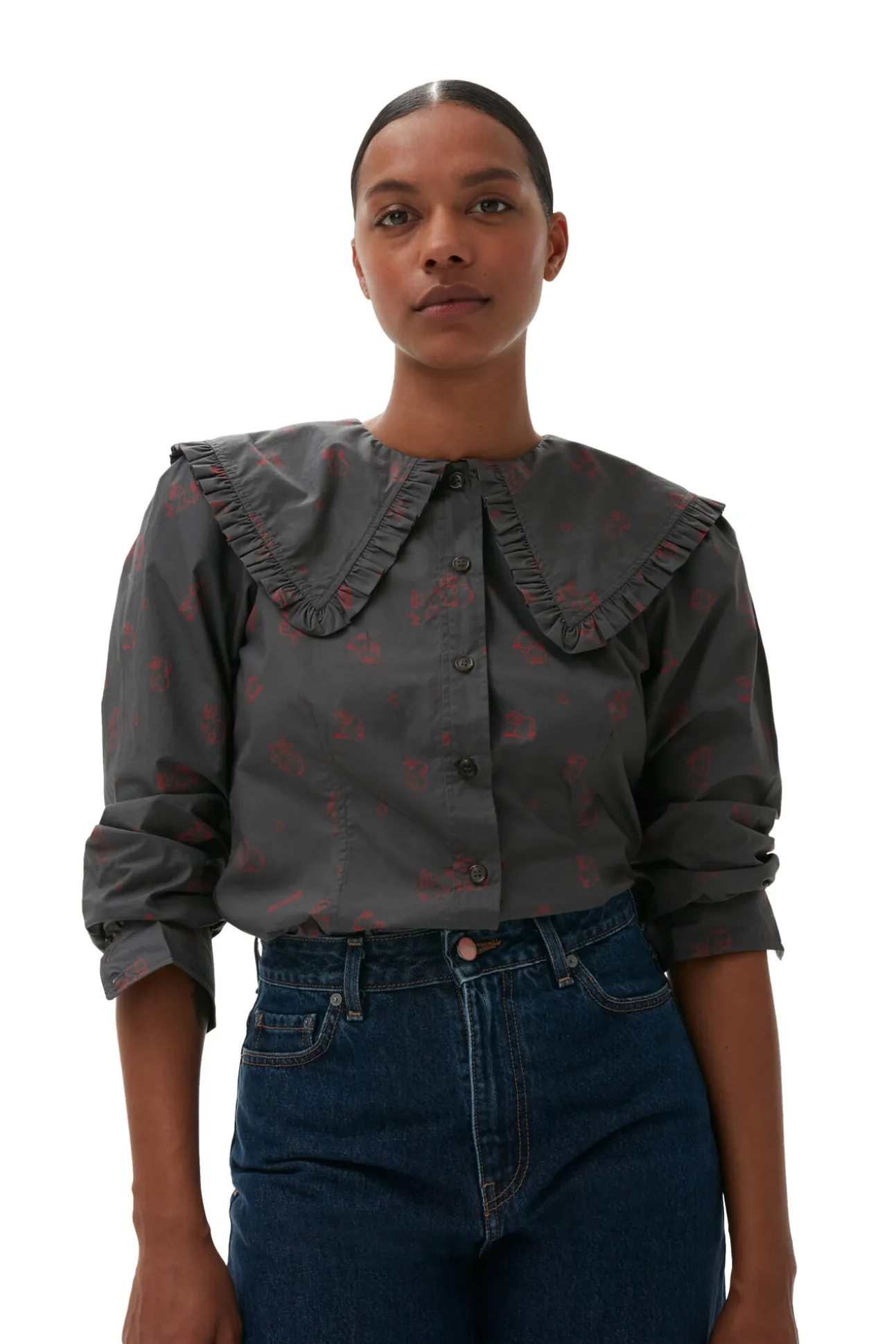 Best Sale GANNI Bedrucktes Hemd Mit Ruschenkragen Aus Cotton Volcanic Ash