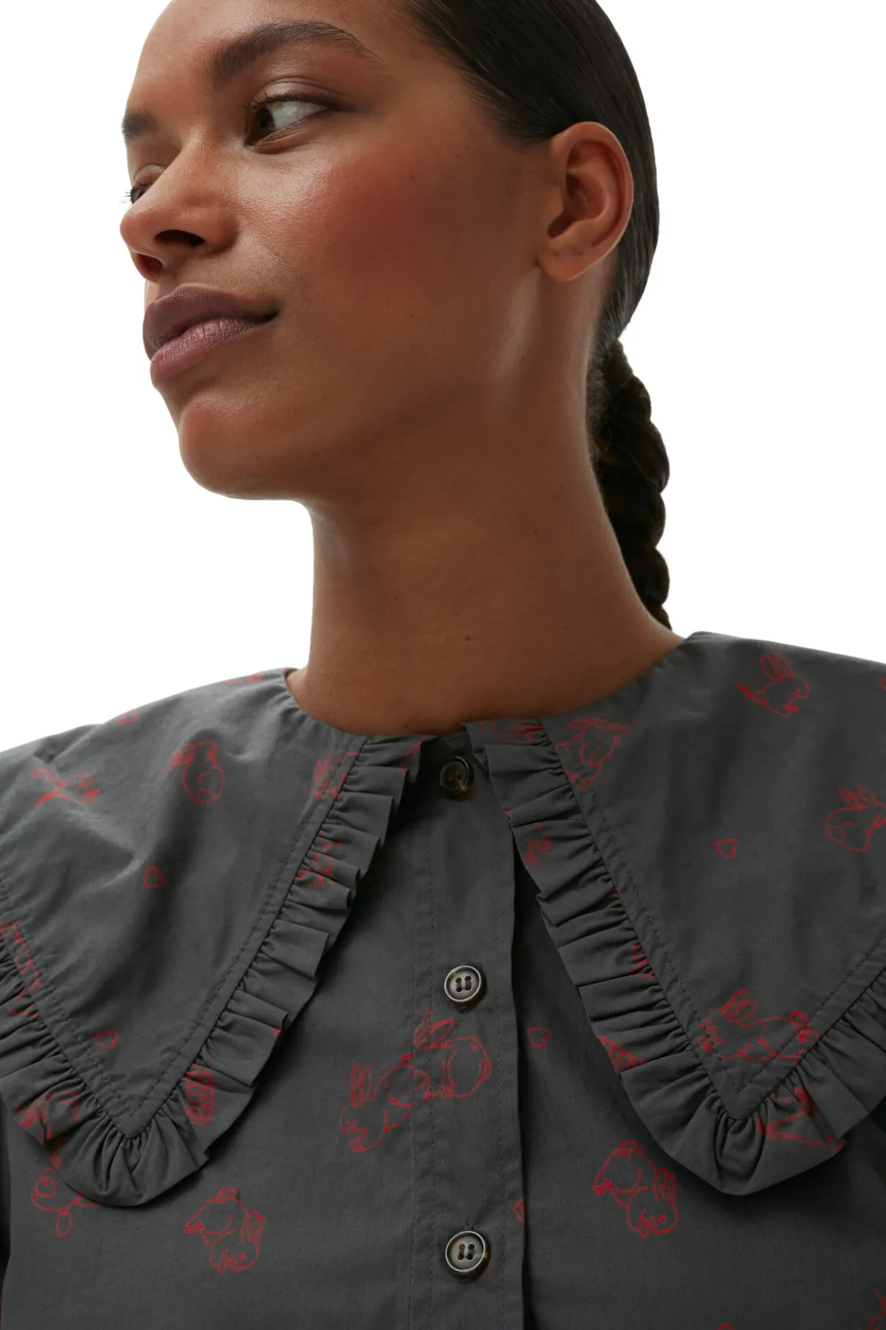 Best Sale GANNI Bedrucktes Hemd Mit Ruschenkragen Aus Cotton Volcanic Ash