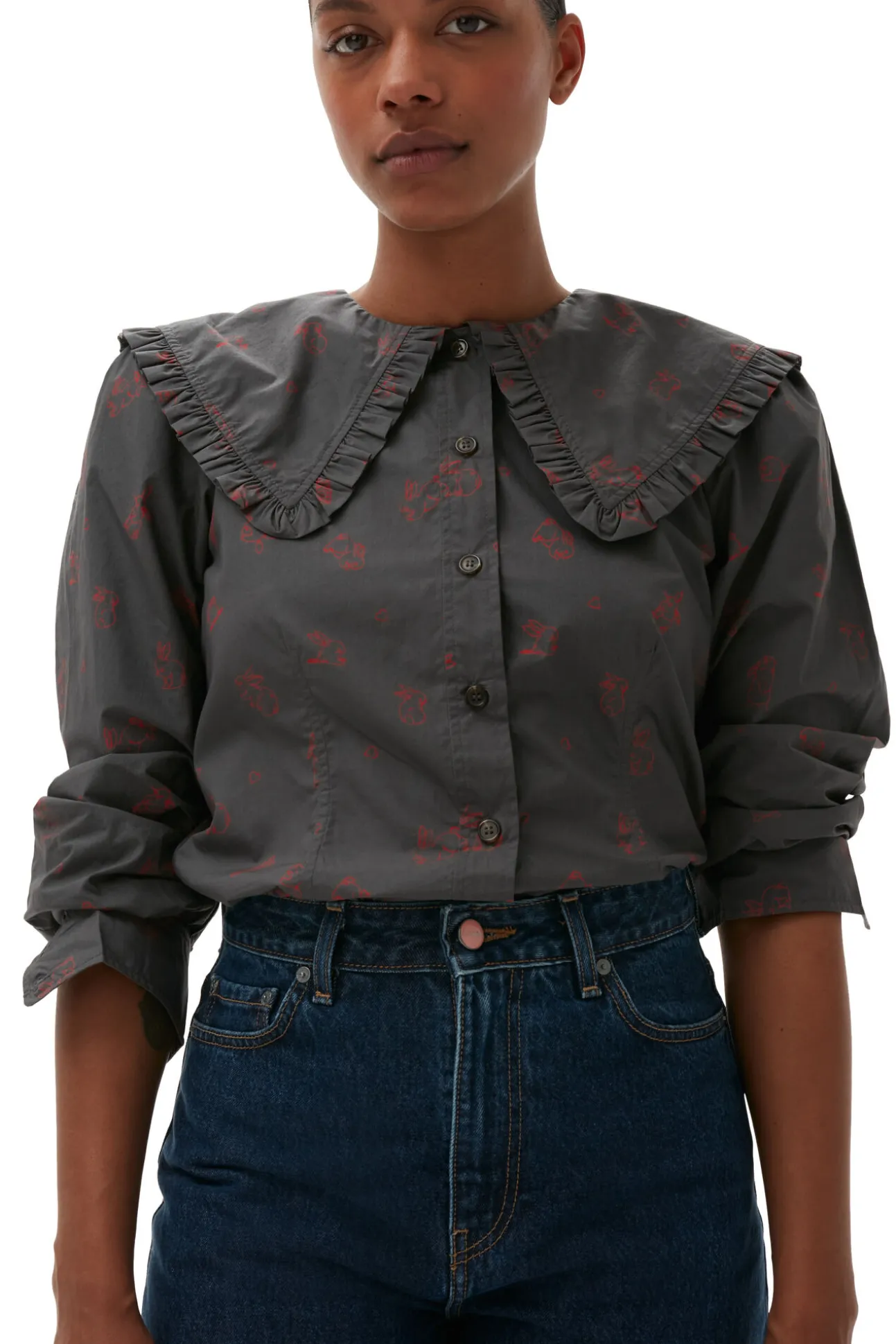 Best Sale GANNI Bedrucktes Hemd Mit Ruschenkragen Aus Cotton Volcanic Ash