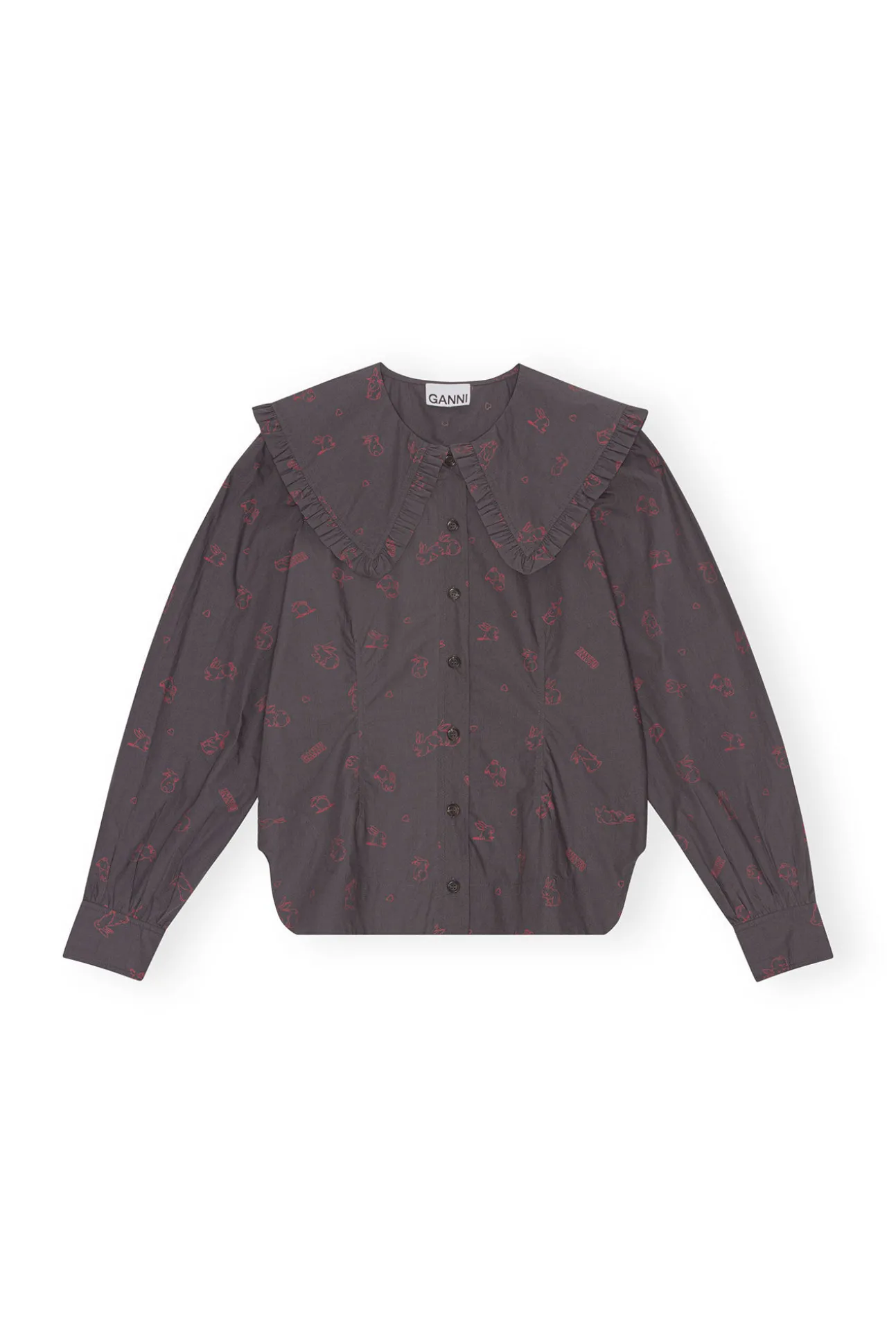 Best Sale GANNI Bedrucktes Hemd Mit Ruschenkragen Aus Cotton Volcanic Ash