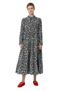 Fashion GANNI Bedrucktes Krepp-Lagenkleid Black
