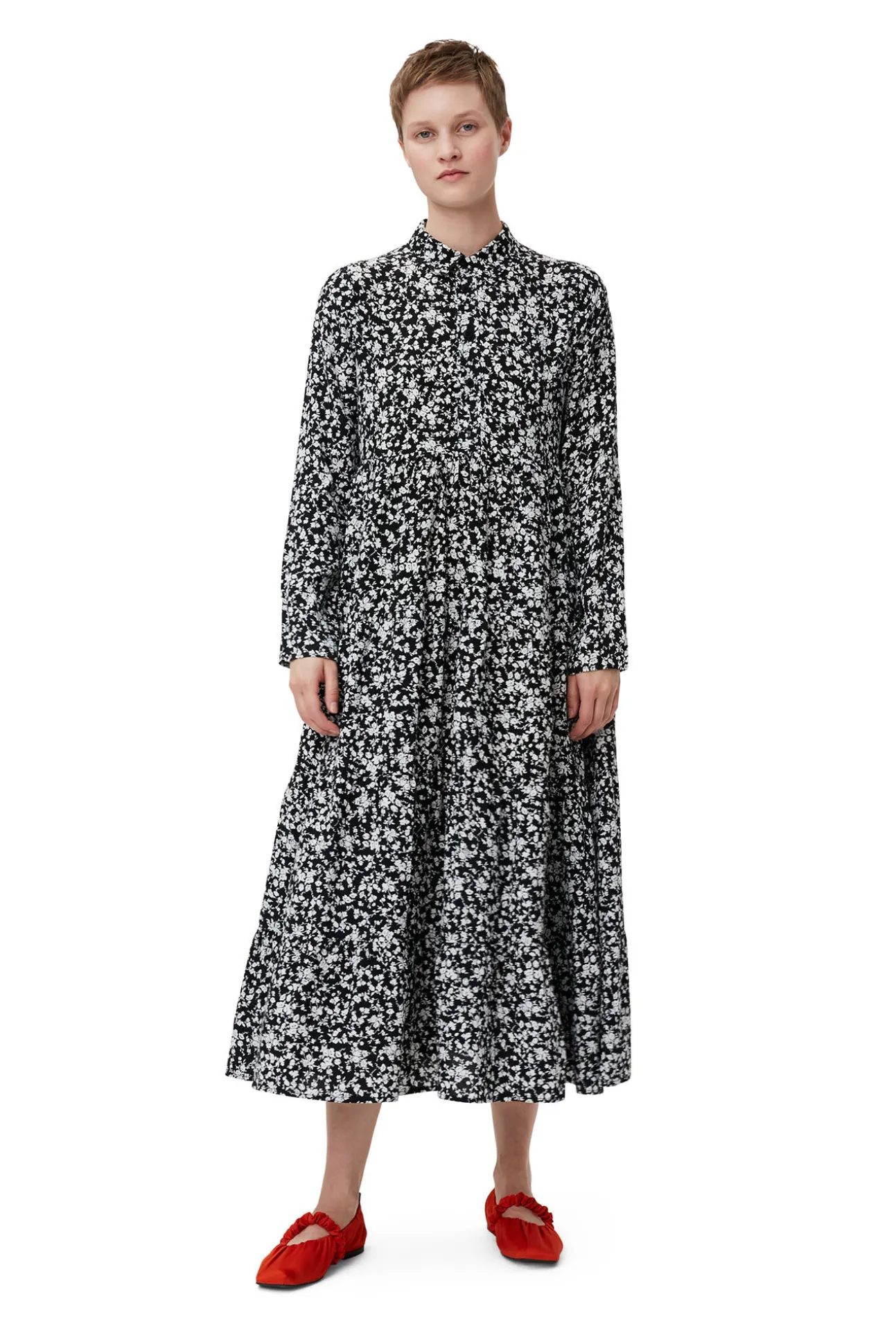 Fashion GANNI Bedrucktes Krepp-Lagenkleid Black