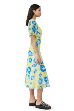 Best Sale GANNI Bedrucktes Mesh-Midikleid Mit Puffarmeln Strong Blue