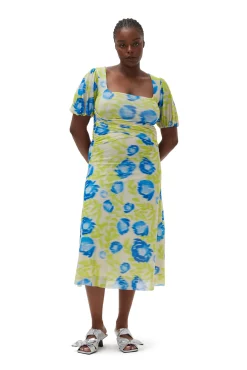 Best Sale GANNI Bedrucktes Mesh-Midikleid Mit Puffarmeln Strong Blue