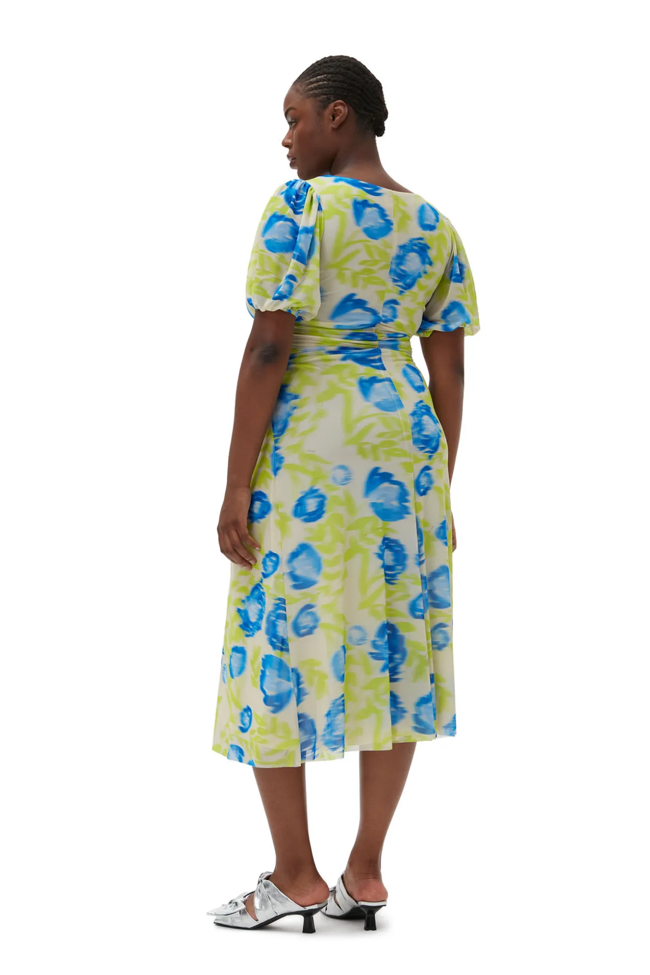 Best Sale GANNI Bedrucktes Mesh-Midikleid Mit Puffarmeln Strong Blue