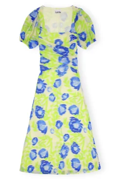 Best Sale GANNI Bedrucktes Mesh-Midikleid Mit Puffarmeln Strong Blue