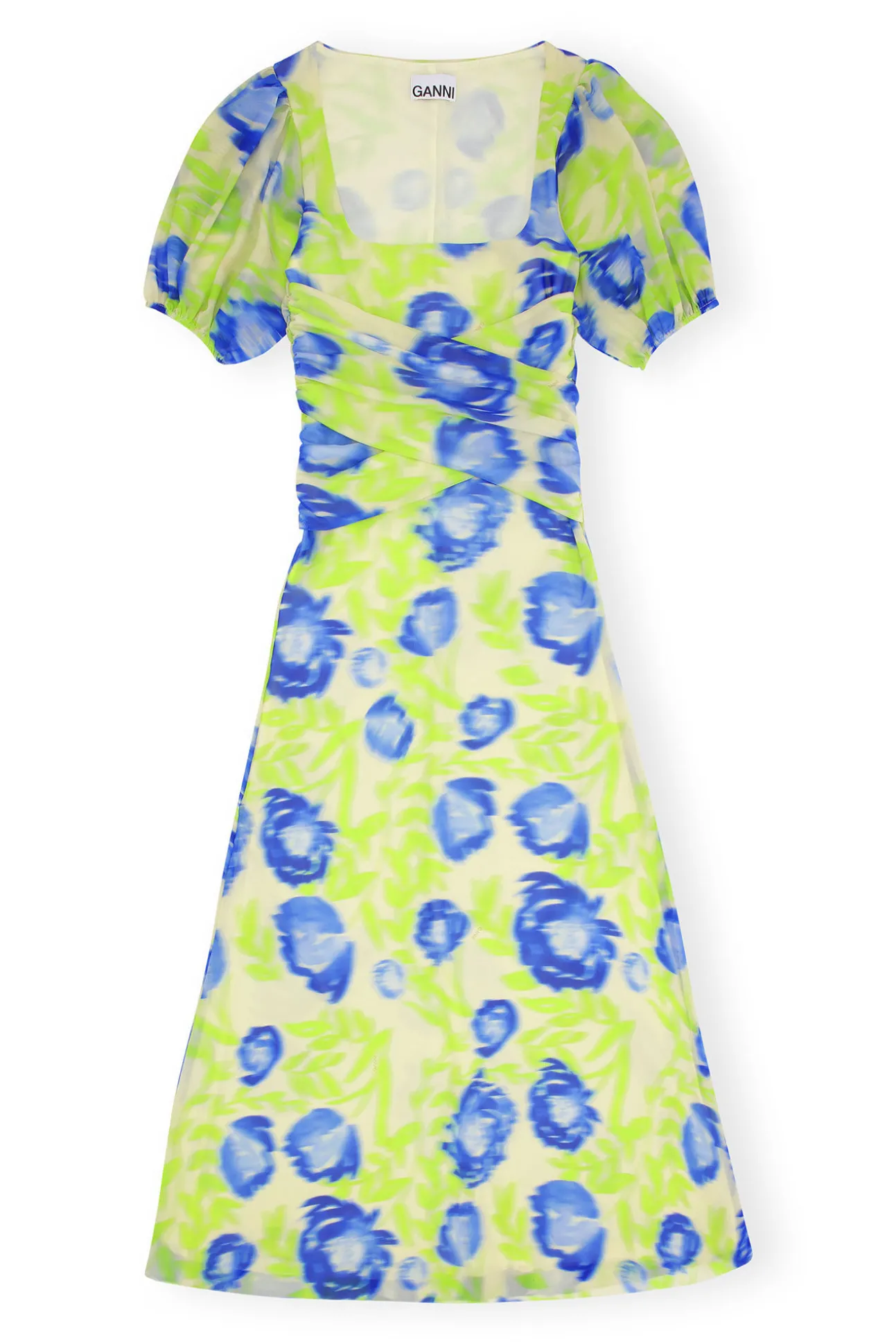 Best Sale GANNI Bedrucktes Mesh-Midikleid Mit Puffarmeln Strong Blue